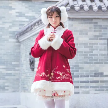 Kinų stiliaus han elementas rudens žiemos saldus lolita kailis vyšnių žiedų varlė boeknot stovėti studentų paltas kawaii girl kailis