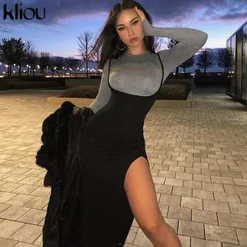 Kliou moteris juoda Aukštos elastinga rankovių diržas slim fit backless suknelė 2020 naują atsitiktinis seksualus Aukštos padalinta streetwear bodycon suknelė
