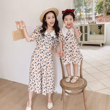 Korėjos Motina Dukra Suknelių Mados Gėlių Šeimos Atitikimo Komplektus Mamytė ir Man Drabužius Vasarą, Mergaičių Suknelės