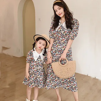 Korėjos Motina Dukra Suknelių Mados Gėlių Šeimos Atitikimo Komplektus Mamytė ir Man Drabužius Vasarą, Mergaičių Suknelės