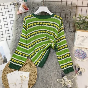 Korėjos O Kaklo Moterų Megztinis Mados Širdies Spausdinti Dryžuotas Megztiniai Megztinis Moteriška Rudens Atsitiktinis Ilgomis Rankovėmis Megztiniai (Puloveriai