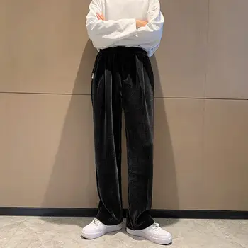 Korėjos Stiliaus Plati Koja Kelnės, vyriškos Mados Retro Aukso Aksomo Atsitiktinis Kelnės Vyrams Streetwear Prarasti Hip-hop Tiesiai Mens Kelnės
