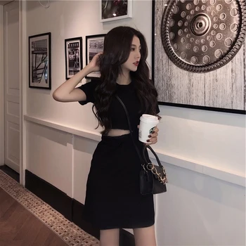 Korėjos Suknelė 2019 M. Vasarą trumpomis Rankovėmis Chic Tuščiaviduriai Plonas Juosmens Suknelės Moteris Seksuali Mini Amerikietiško Stiliaus Mados moteriški Drabužiai