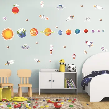 Kosmoso Planetos Sienų Lipduko Vaikų Kambarys Kūrybos Apdailos Animacinių filmų lipnus Popierius PVC Sienų Lipdukai Vaikams Kambarys