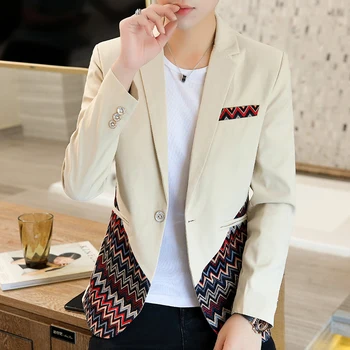 Kostiumas vyriški striukė, pavasario ir rudens 2021 naujų korėjos stiliaus susiuvimo kostiumas asmenybės tendencija Britų stiliaus vienoje vakarų striukė