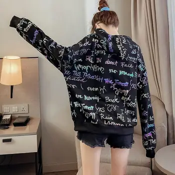 Kpop Kintted Hoodies Moterų Palaidinukė Blizga Laišką Hoodie Korėjos Stiliaus Bliuzoną Ponios 2020 Sudadera Mujer Streetwear Holografinis