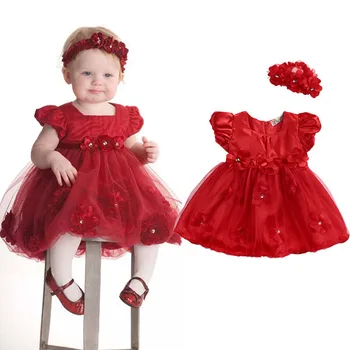 Kūdikių Mergaitės, Raudona Gėlių Suknelės Mergina Šalis Princesė Dress Mergaitė Vestuvių Suknelė Vaikai Lankelis Vaikas Apranga Vasaros Drabužių Trumpomis Rankovėmis