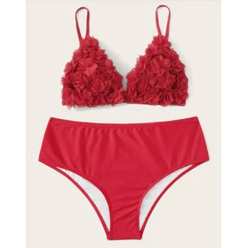 L-3XL Plius Dydžio Raudonos spalvos Bikini Push Up 3D Žiedlapis maudymosi kostiumėlį, Didelių Dydžių maudymosi Kostiumėliai Moterims High Waisted Maudymosi Kostiumą, Strappy Bikini Moteris