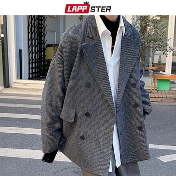 LAPPSTER Mens Derliaus Dryžuotas Paltas 2020 Vilnos Kailis Vyrų Japonijos Streetwear Didelis Atvartas Žiemos Paltai Vyrų Harajuku Striukės, Paltai