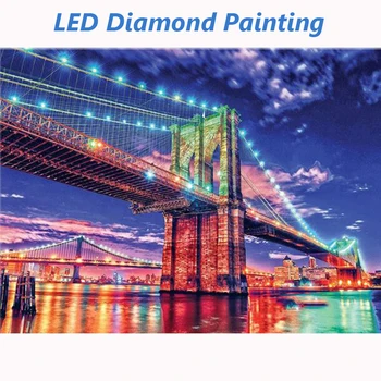 LED Diamond Tapybos 5D London Bridge Diamond Siuvinėjimo LED Spalvinga žiburiai Visą Raundą Gręžimo Diamond Mozaikos 30x40cm Su karkasu