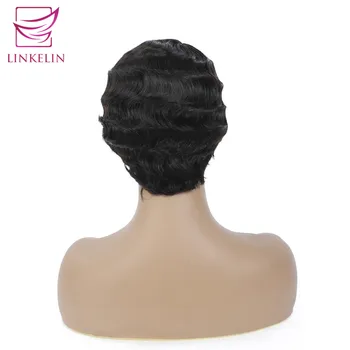 LINKELIN PLAUKŲ Pixie Sumažinti Žmogaus Plaukų Perukai Brazilijos Remy Žmogaus Plaukų Perukas Pilna Mašina Padarė Trumpą Piršto Banga Perukai