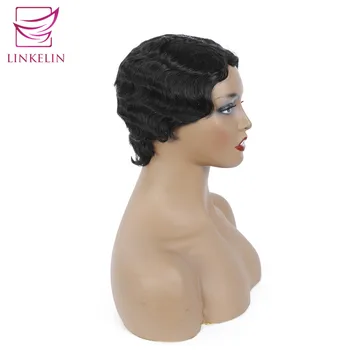 LINKELIN PLAUKŲ Pixie Sumažinti Žmogaus Plaukų Perukai Brazilijos Remy Žmogaus Plaukų Perukas Pilna Mašina Padarė Trumpą Piršto Banga Perukai