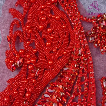 La Belleza gražus didelis gabalas rankų darbo,Raudona perlai, krištolas kalnų krištolas pleistras vestuvių suknelė aplikacijos priedai 33X55CM
