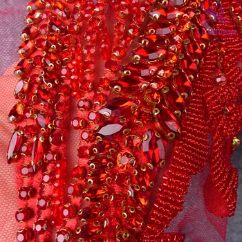 La Belleza gražus didelis gabalas rankų darbo,Raudona perlai, krištolas kalnų krištolas pleistras vestuvių suknelė aplikacijos priedai 33X55CM
