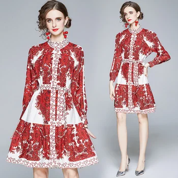 Laisvas Dizaino kilimo ir tūpimo Tako Suknelė Rudenį Moterys ilgomis rankovėmis Plius Dydis Raudona Derliaus Spausdinti Suknelės Varčias Apdailos Kelio Ilgio Suknelė