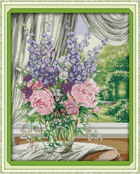 Lango vaza (2) kryželiu rinkinys gėlių 14ct raštuoto audinio drobė siūlės siuvinėjimo 