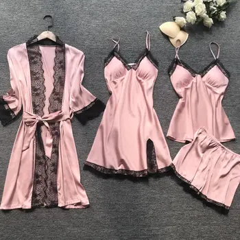 Lisacmpvnle 4 Vnt Moterų Pižama Sexy Nėrinių Su Krūtinės Mygtukai Nightdress+Šortai+Cardigan Sleepwear