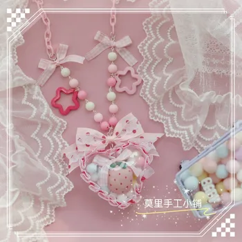 Lolita saldus Harajuku kawaii karoliai saldainiai priedai, skaidrūs meilės braškių karoliai pakabukas