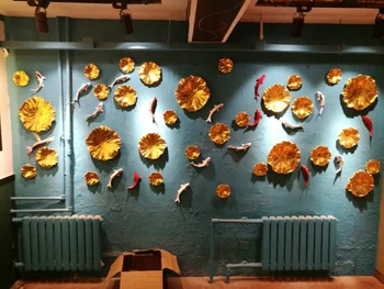 Lotus žuvų sienų apdaila sienų ornamentai kūrybos 3D modeliavimas augalų gyvenimo kambario sienos dekoracijos fone laisvas smūgis