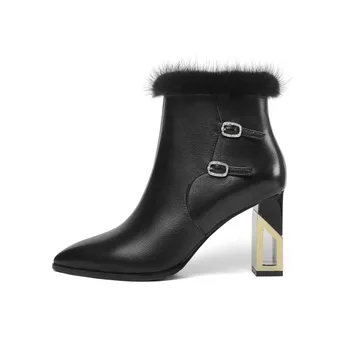MLJUESE 2020 moterų batai Karvės odos žiemos trumpas pliušinis dirželio sagtis pažymėjo tne aukšti kulniukai moterų batai šalis suknelė