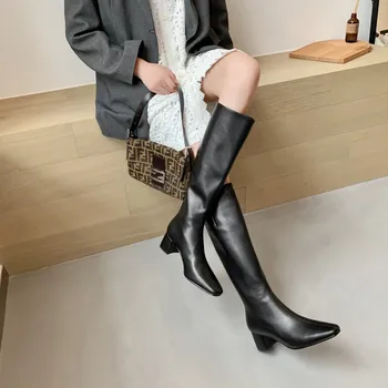 MLJUESE 2021women knee-high batai odiniai žiemos trumpas pliušinis juoda spalva aikštėje kojų aukštakulnius moteris auliniai batai 40 dydis
