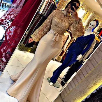 Mados Aukso Vakaro Suknelės 2020 M O-Kaklo Visą Rankovėmis Varčias Undinė Satino Vestidos De Fiesta Ilgai Oficialų Vakare Gown