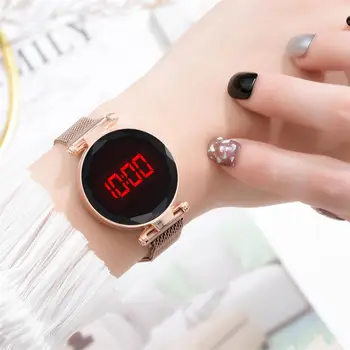 Mados Magnetinio Moterų Laikrodžiai Rose Gold Nerūdijančio Plieno Tinklelio, Dirželis Ponios Led Elektroniniai Laikrodžiai Minimalistinio Moterų Laikrodis