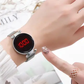 Mados Magnetinio Moterų Laikrodžiai Rose Gold Nerūdijančio Plieno Tinklelio, Dirželis Ponios Led Elektroniniai Laikrodžiai Minimalistinio Moterų Laikrodis