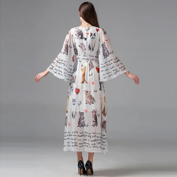 Mados Moterų Šventė Vėsioje ir gaivus Suknelė kilimo ir tūpimo Tako Vasaros Laiškas Spausdinti Ilgą Šifono Suknelės Rankovėmis Varpo lovely Cat Suknelė