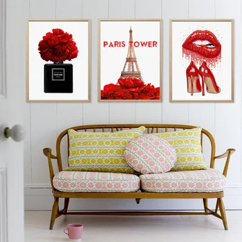 Mados Paris Kvepalai Raudonų Lūpų Gėlių decoracion hogar moderno sienos meno tapybos drobės Nuotraukų Kambarį Dekoro neįrėminti
