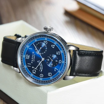 Mados Parnis 42mm Blue Dial Mechaninė Automatinė vyriški Žiūrėti Silver Byla Kalendorius Vyrų Laikrodžiai reloj automatico de hombre Laikrodis