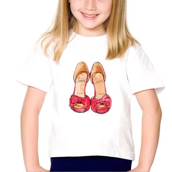 Mados White T-shirt 2019 m., Naujas Raudonų Batų Spausdinti Mergaičių marškinėliai trumpomis Rankovėmis O-kaklo Vasaros Viršūnes Vaikas Atsitiktinis Vaikų Marškinėlius 1-12T