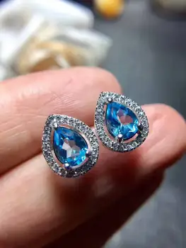 Mados gamtos mėlynas topazas stud auskarai Gamtos perlas akmens auskarai Mažų vandens lašelių 925 sidabro moterų auskarai, dovana, papuošalai