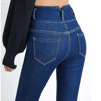 Mama sustorėjimas, šiltas high waisted džinsai žiemos derliaus plius dydžio kelnės moterims Kašmyras plonas juosmens liesas Džinsinio audinio kelnės