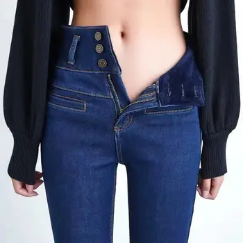 Mama sustorėjimas, šiltas high waisted džinsai žiemos derliaus plius dydžio kelnės moterims Kašmyras plonas juosmens liesas Džinsinio audinio kelnės