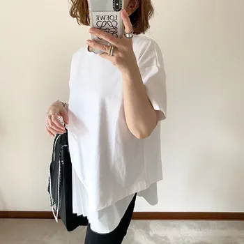 Marškinėliai Balti Nesimetriškas Raukiniai Viršuje Tee Prašmatnus Korėjos Stiliaus Streetwear Atsitiktinis Palaidų Nereguliarus Moterys Vasarą Tshirts Office 2020 M.
