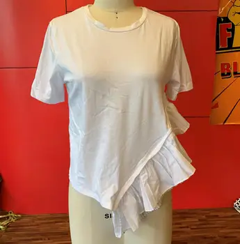 Marškinėliai Balti Nesimetriškas Raukiniai Viršuje Tee Prašmatnus Korėjos Stiliaus Streetwear Atsitiktinis Palaidų Nereguliarus Moterys Vasarą Tshirts Office 2020 M.