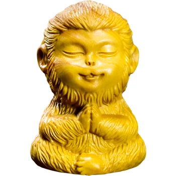 Medienos Statula Gyvūnų Boxwood Drožyba Sun Wukong Mitologija Skulptūra Beždžionė Apdailos Meditacija Mažų Ornamentais Namų Dekoro