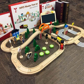 Medinio Traukinio Bėgių 78PCS Eismo Nustatyti Magnetinio Automobilio Modelį Lizdą, Galvosūkiai, Mediniai Geležinkelio Anksti Švietimo Žaislas Vaikams Draugais