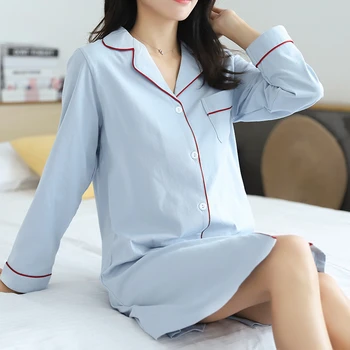 Medvilnės nightdress moterų pavasarį ir rudenį atvartas paprastas megztinis ilgomis rankovėmis klasikinis mėlynos spalvos pižamą namų sijonas seksualus pijamas 2020 m.
