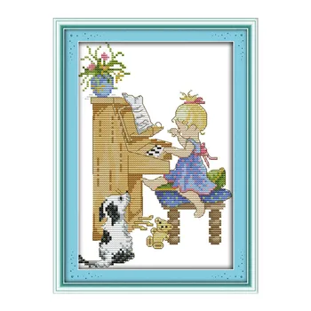 Mergaitę groti pianinu kryželiu rinkinys spausdinti drobės ranka siūti kryžminio susiuvimo siuvinėjimo 