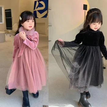 Mergaičių sijonai korėjos plius aksomo kamšalu suknelė Princesė dress žiemos naujas, vaikams, suknelės mergaitėms
