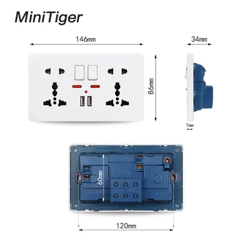 Minitiger 2.1 Dual USB Įkroviklis Uosto LED indikatorius Sienos kištukinis Lizdas Dvigubas Universalus 5 Skylės Perėjo Lizdo 146mm*86mm