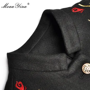 MoaaYina Mados Dizaineris Vilnoniai paltai Žiemos Moterys ilgomis rankovėmis Stovėti apykaklės Single-breasted Siuvinėjimo juoda Vintage Paltas
