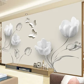 Moderni Baltos Gėlės Lipnios Sienų Tapetai Kambarį, TV, Sofa, Miegamojo Namų Dekoro Foto Tapetai, 3D atsparus Vandeniui, Drobė
