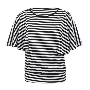 Moterys Vasarą T-shirt Kontrasto Juostelės Atspausdintas Trumpas Batwing Rankovės Moterų Marškinėliai Pynimas Apvalios Kaklo Prarasti Atsitiktinis Kpop Viršūnes Juoda
