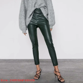 Moterys, tamsiai žalios spalvos dirbtiniais odos kostiumas kelnės aukštu juosmeniu kelnės varčias kišenės 2020 m. 
