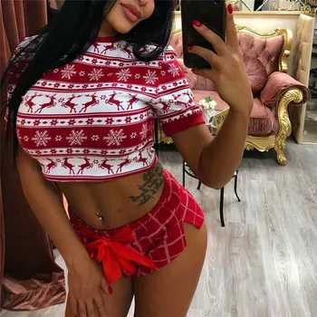 Moterų Briedžių Atspausdintas Kalėdų Seksualus Rinkiniai trumpomis Rankovėmis Megztinis Viršuje ir Mini Šortai 2Pieces Kostiumai Homewear Clothings