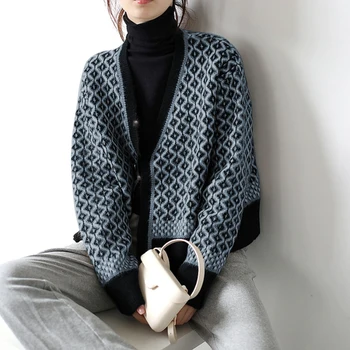 Moterų Cardigan Megztinis Prarasti Mados Spausdinimo Stiliaus Geometrinis Modelis Korėjos Versija Japonų Atsitiktinis Gatvės Fotografavimo 2021 M. Pavasarį