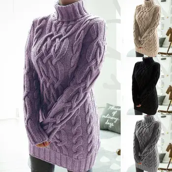 Moterų Golfo Twist Megztinius Ilgomis Rankovėmis, Šiltas Megztinis Rudenį, Žiemą Mini Suknelė